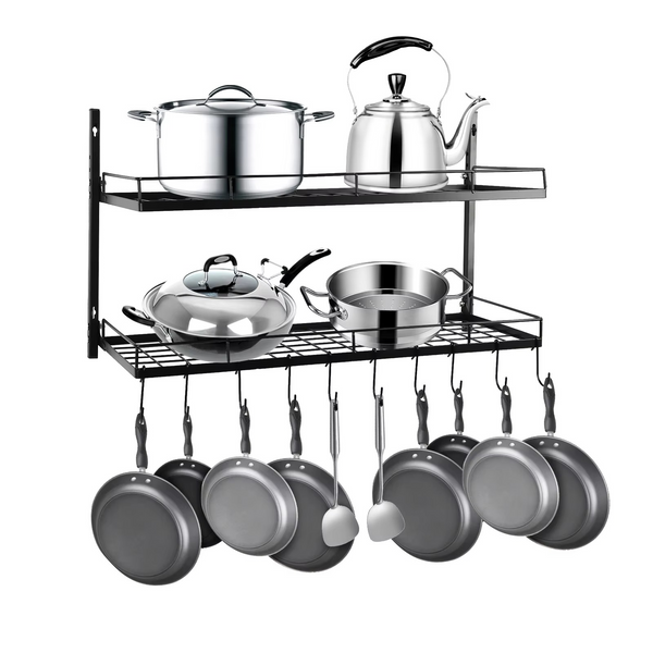 Hanging Pot Rack Wall Mounted 2 Tiers Pot and Pan Hanging Rack with 10 Hooks Kitchen Pan and Pot Hanger for Pot Storage Rack